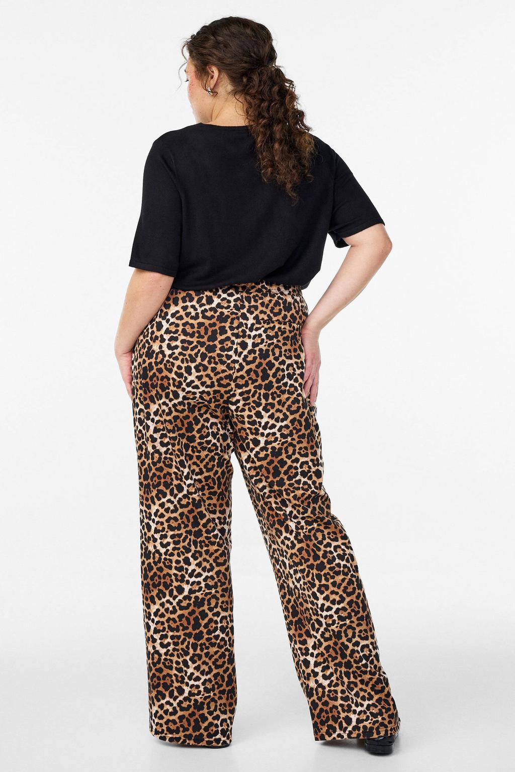 Bruine dames Zizzi straight high waist broek van polyester met elastische tailleband en panterprint