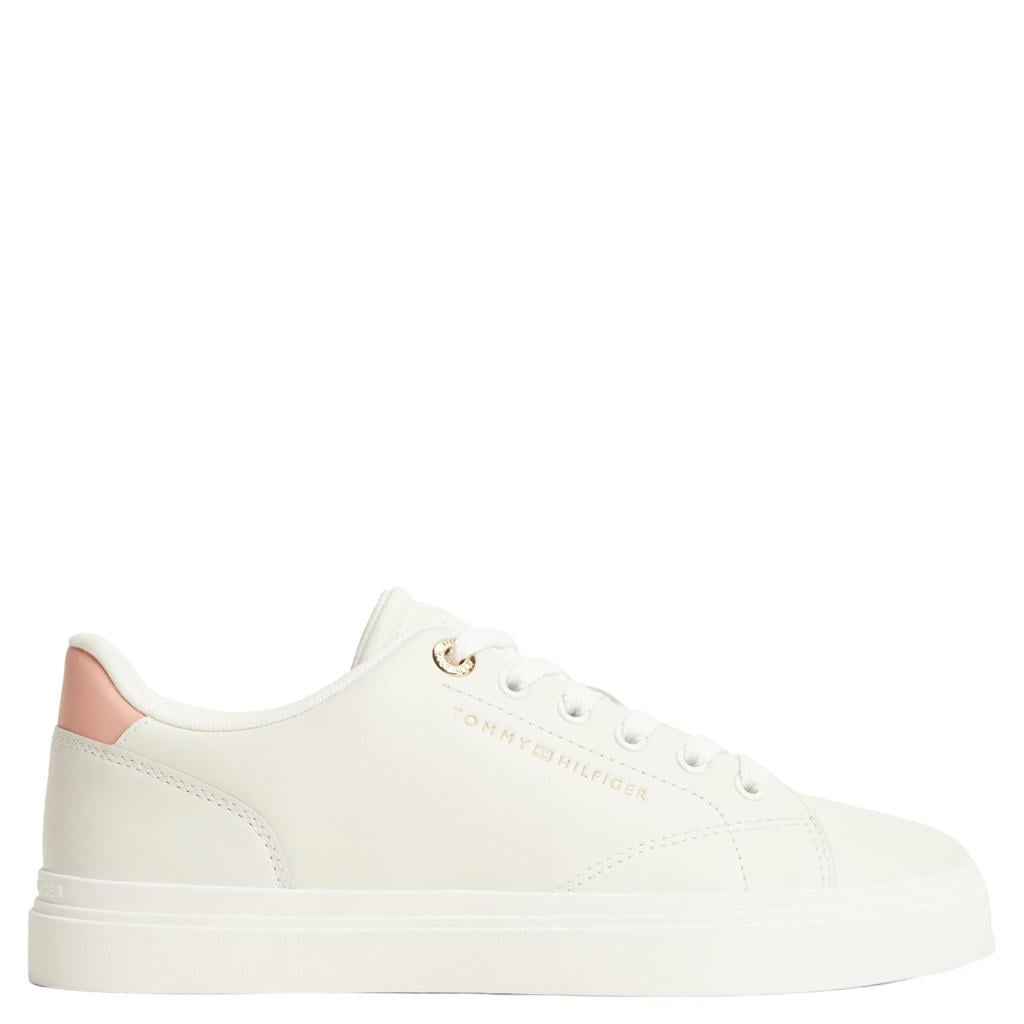 Ecru en roze dames Tommy Hilfiger leren sneakers met veters
