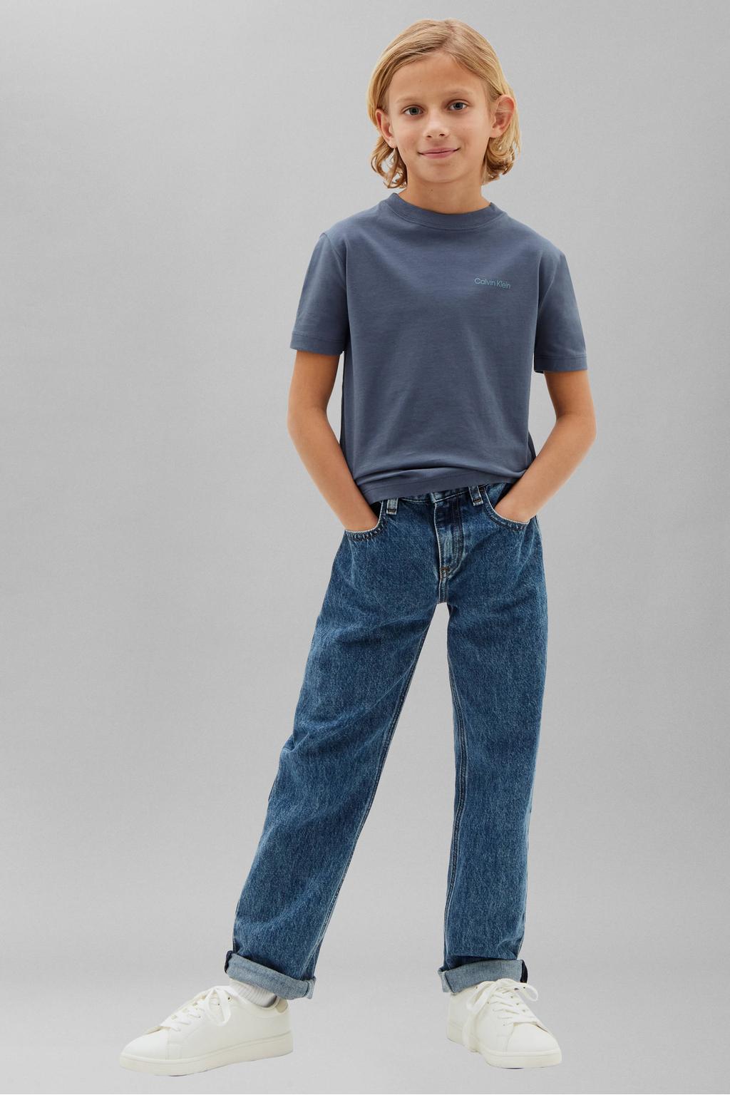Donkerblauwe jongens en meisjes Calvin Klein T-shirt van katoen met effen, korte mouwen en ronde hals