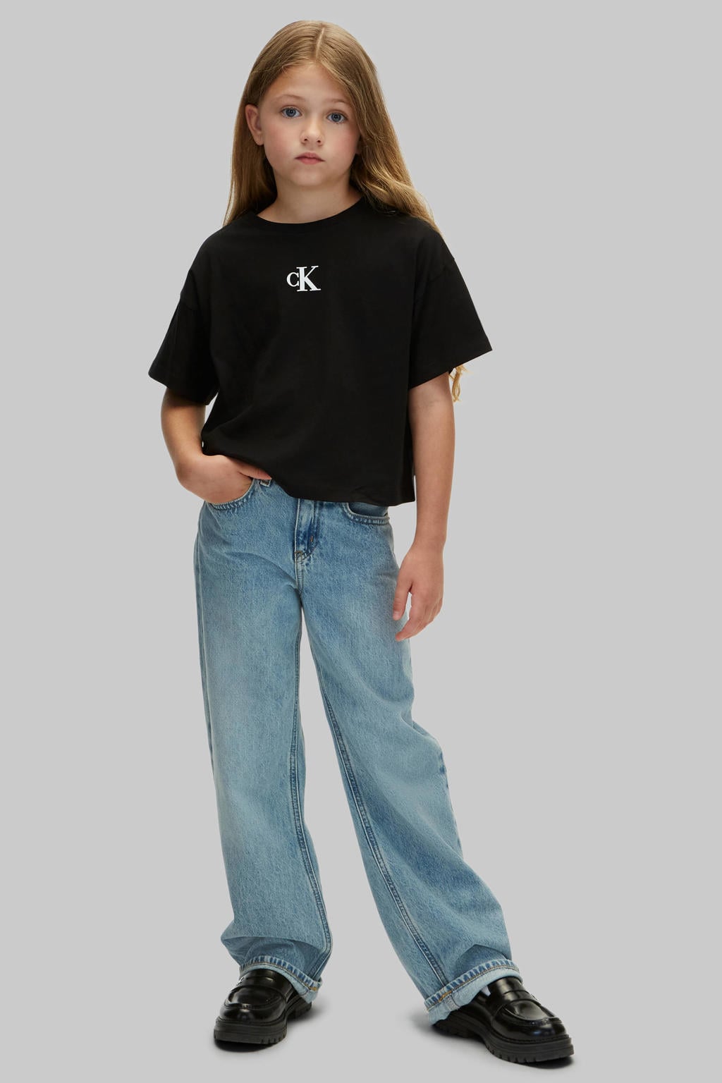 Zwarte meisjes Calvin Klein T-shirt van katoen met effen, korte mouwen en ronde hals