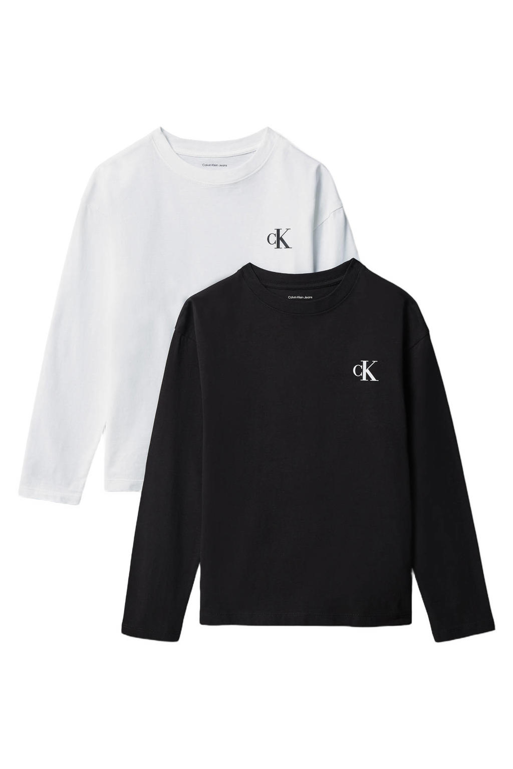Set van 2 wit en zwarte jongens Calvin Klein longsleeves van katoen met effen, lange mouwen en ronde hals