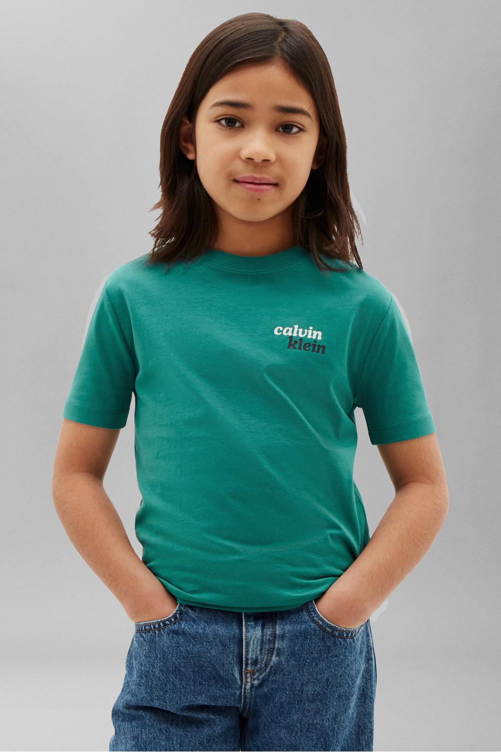 Groene jongens en meisjes Calvin Klein T-shirt van katoen met backprint, korte mouwen en ronde hals