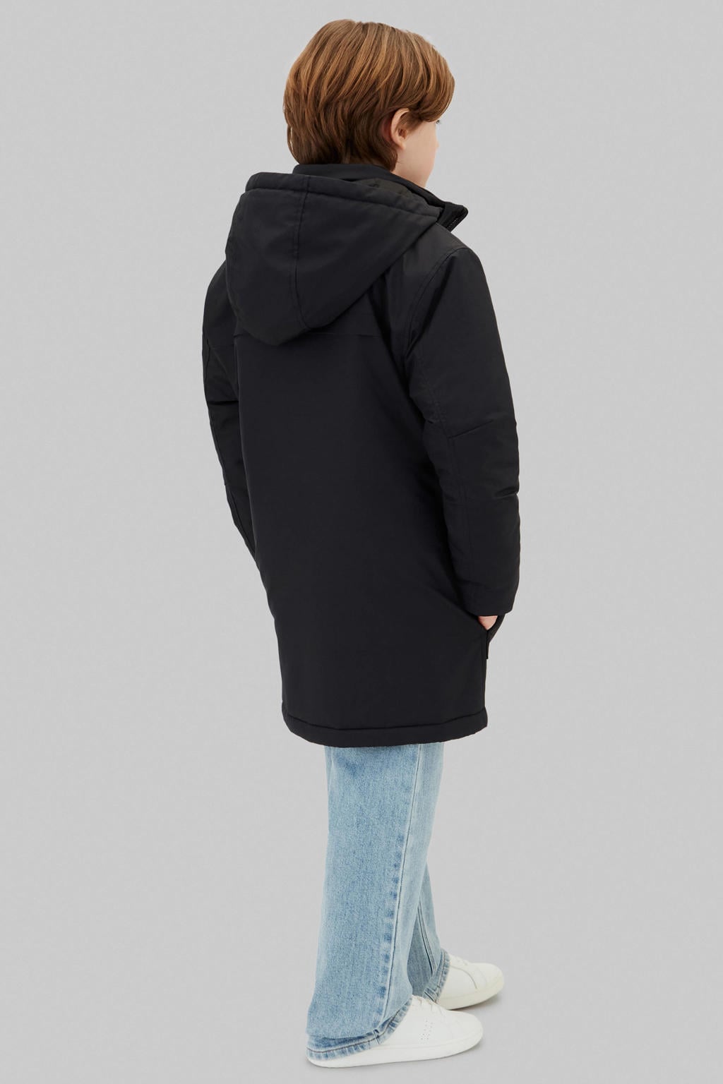 Zwarte jongens Calvin Klein gewatteerde winterparka van polyester met effen, lange mouwen, capuchon en rits- en drukknoopsluiting
