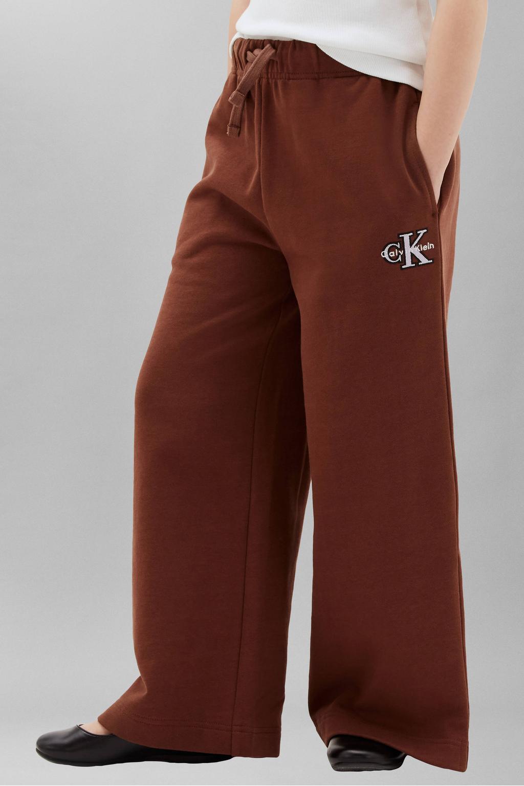 Bruine meisjes Calvin Klein wide leg sweatpants met elastische tailleband met koord en logo dessin