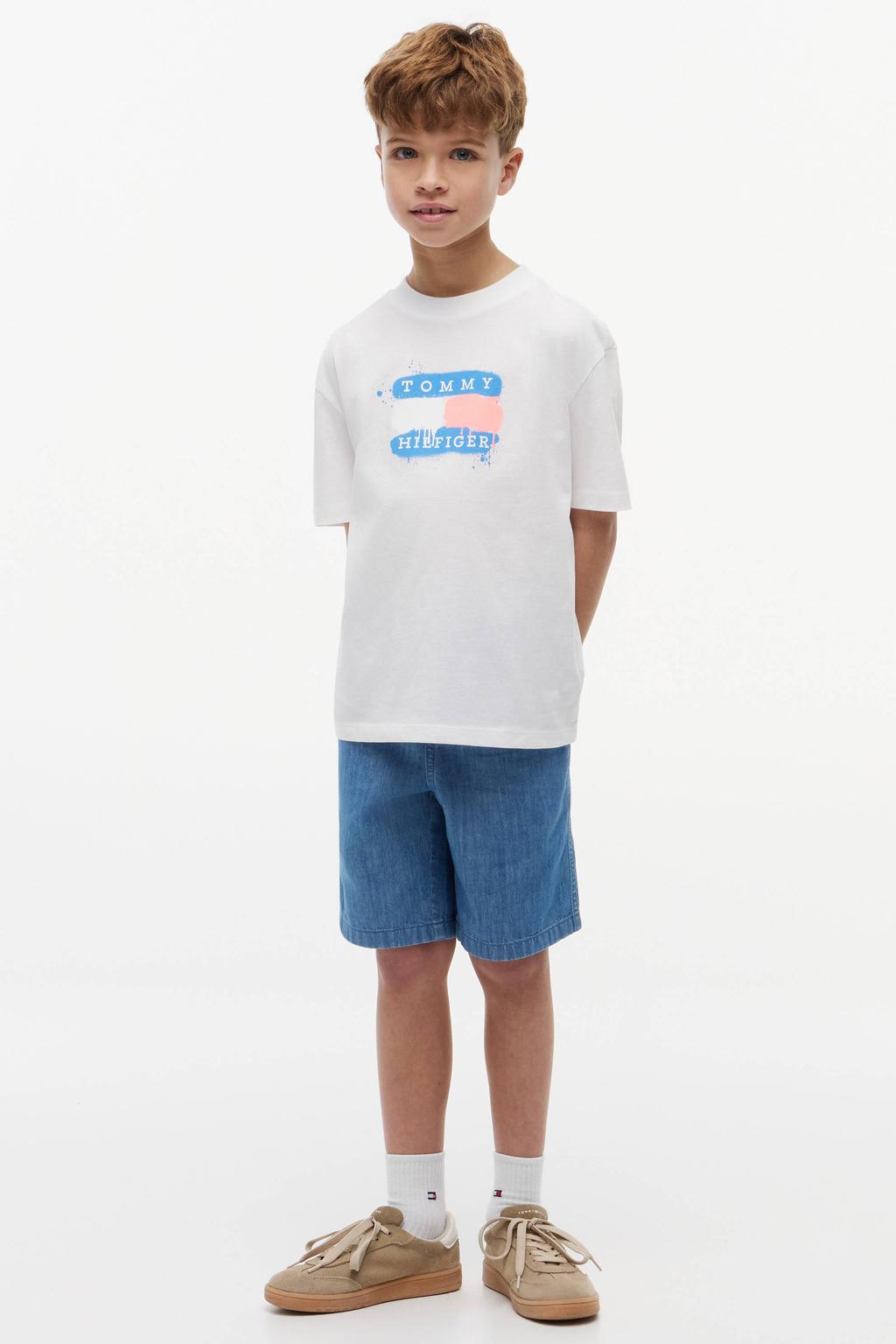 Witte jongens Tommy Hilfiger T-shirt van katoen met logo dessin, korte mouwen en ronde hals