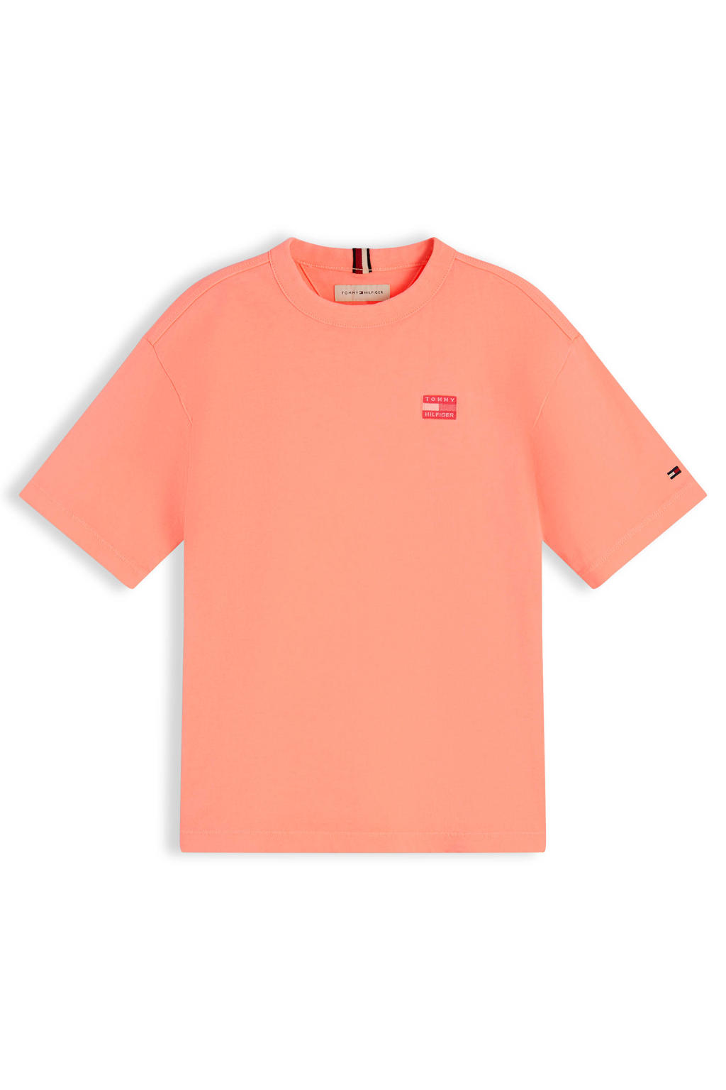 Roze jongens Tommy Hilfiger T-shirt van katoen met effen, korte mouwen en ronde hals