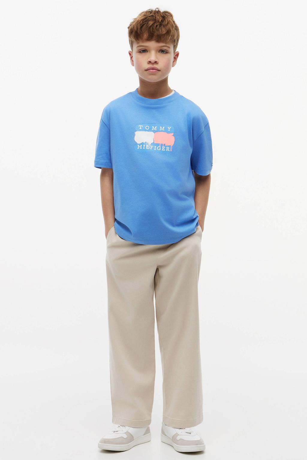 Blauwe jongens Tommy Hilfiger T-shirt van katoen met logo dessin, korte mouwen en ronde hals