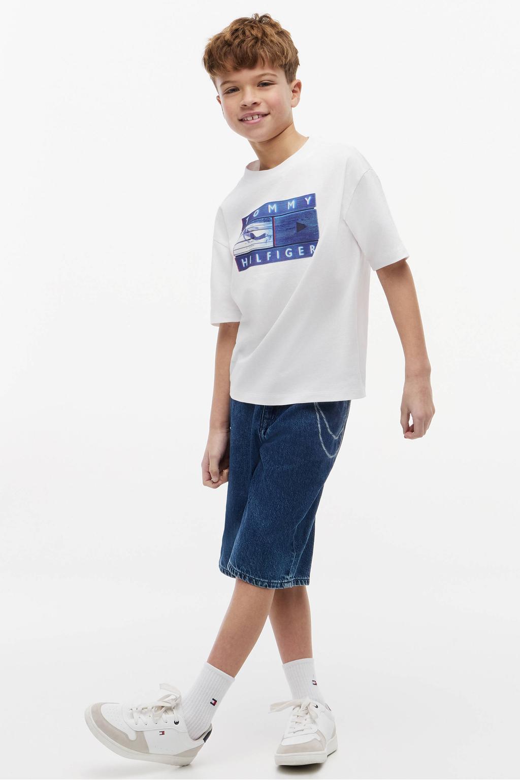 Witte jongens Tommy Hilfiger T-shirt van katoen met logo dessin en korte mouwen