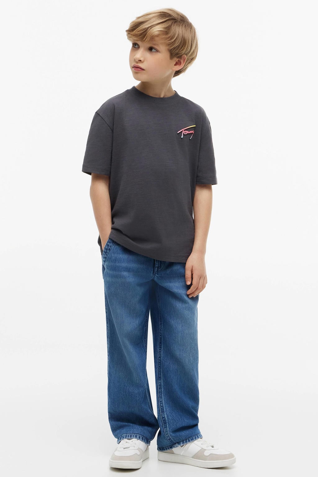Zwarte jongens Tommy Hilfiger T-shirt van katoen met backprint, korte mouwen en ronde hals
