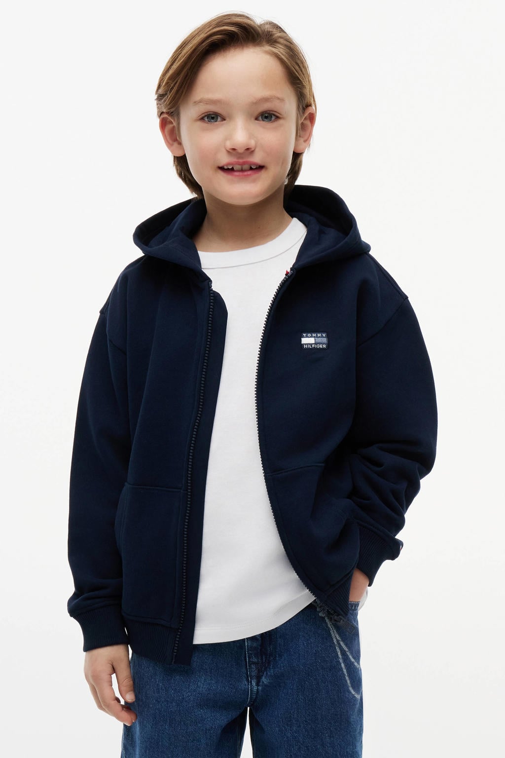 Donkerblauwe jongens Tommy Hilfiger sweatvest met effen, lange mouwen, capuchon, ritssluiting en geribde boorden