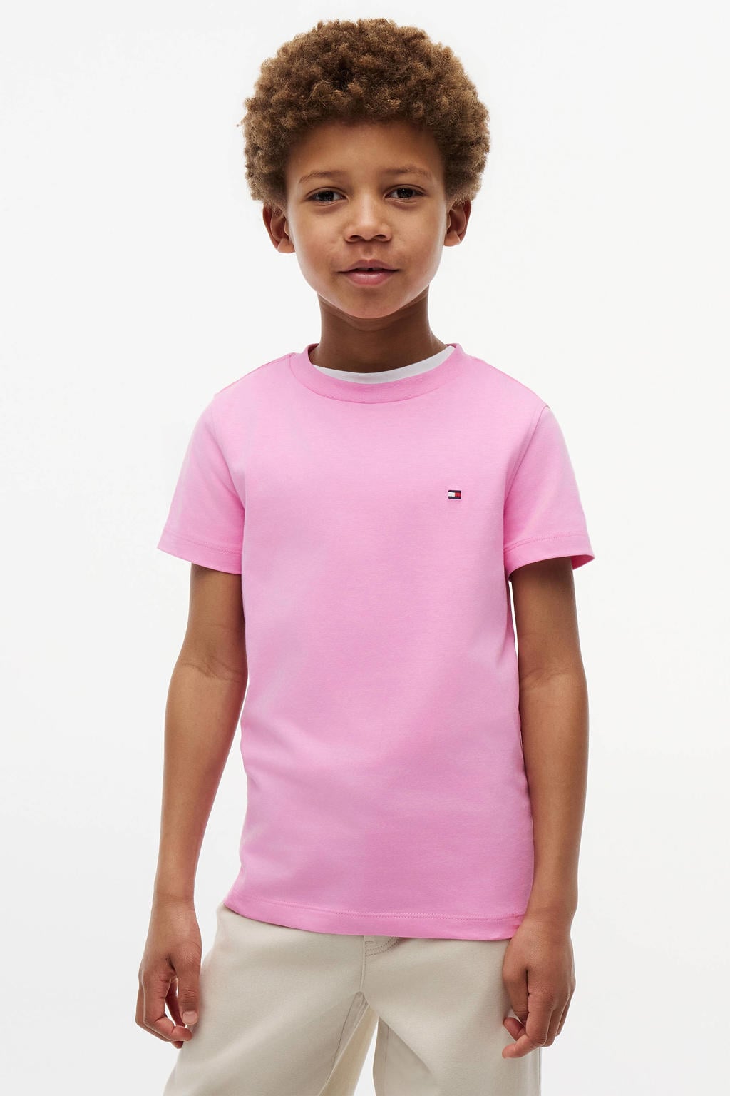 Roze jongens Tommy Hilfiger T-shirt van katoen met effen, korte mouwen en ronde hals