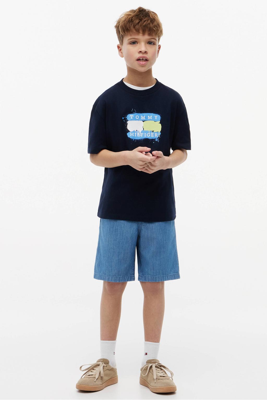 Donkerblauwe jongens Tommy Hilfiger T-shirt van katoen met logo dessin, korte mouwen en ronde hals