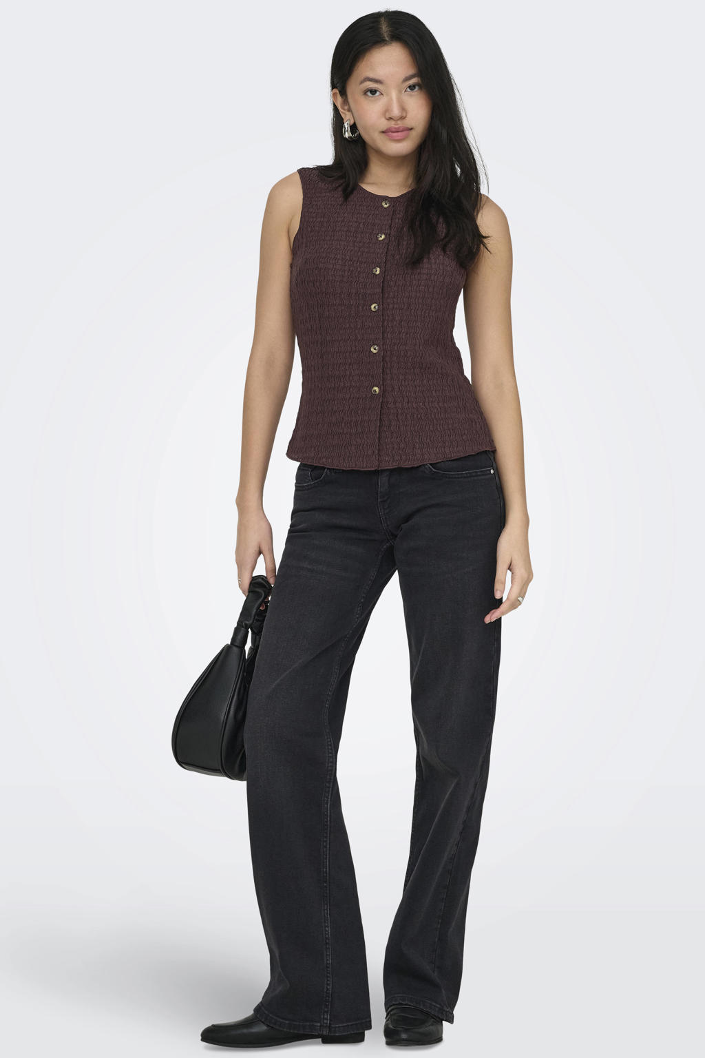 Bruine dames ONLY top van polyester met effen en ronde hals
