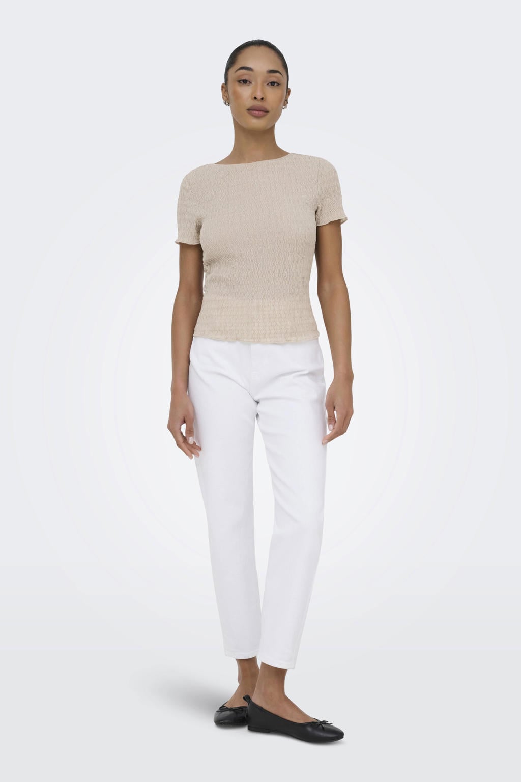 Beige dames ONLY top van polyester met effen, korte mouwen en boothals