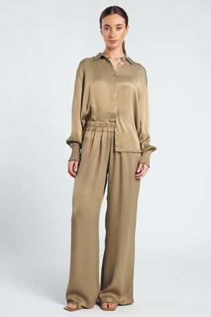 wide leg high waist casual broek olijfgroen