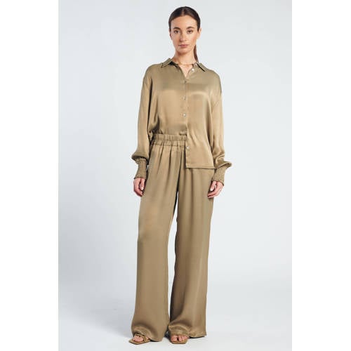 Spooq the label wide leg high waist casual broek olijfgroen afbeelding