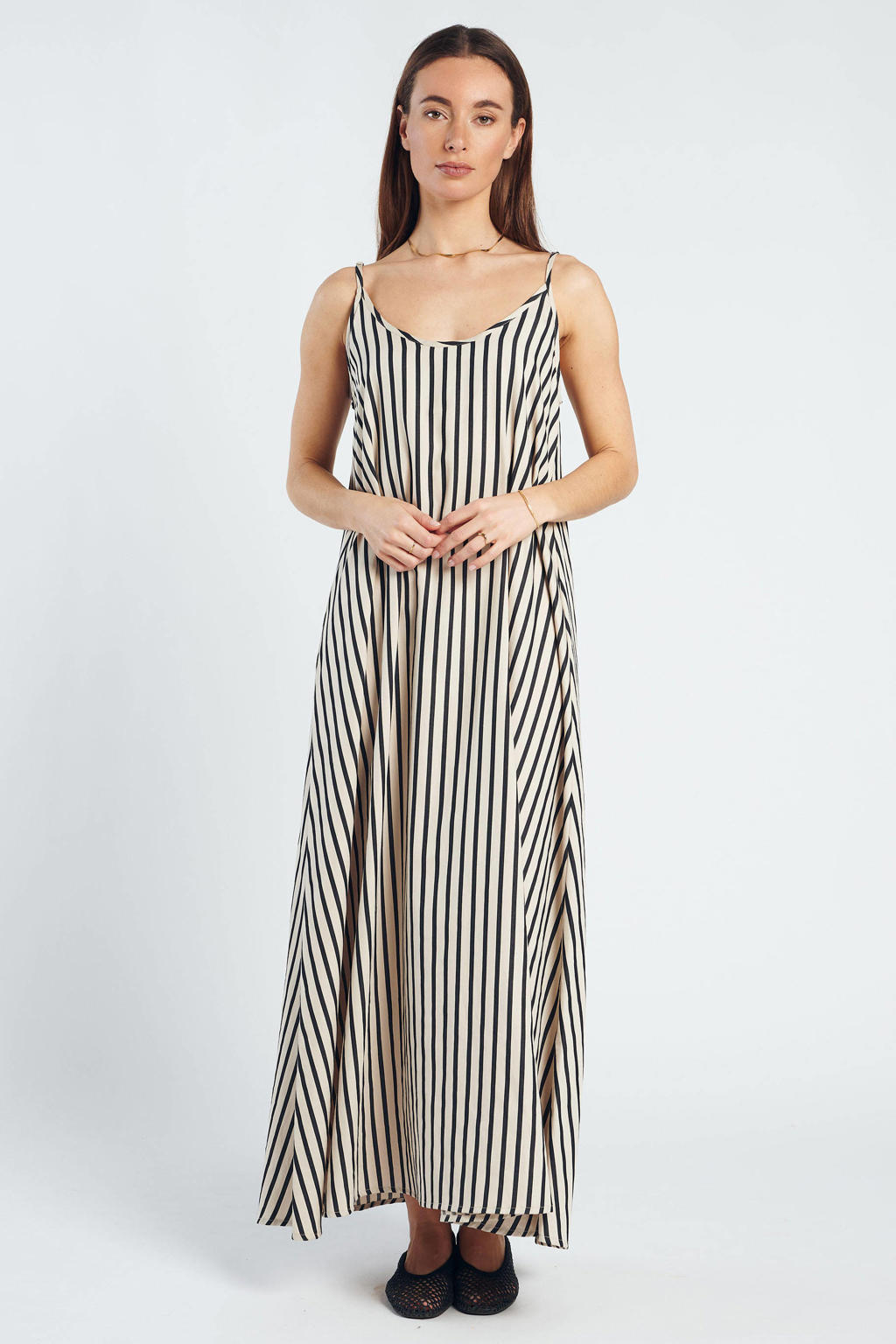 Zwart en beige dames Spooq the label gestreepte maxi jurk met spaghettibandjes en V-hals
