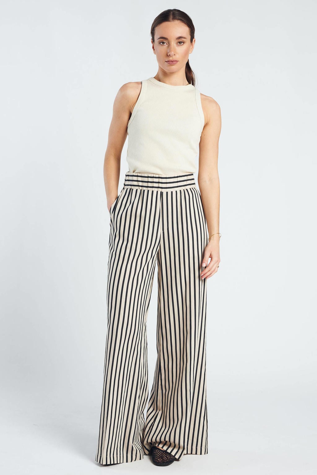Zwart en ecru dames Spooq the label wide leg fit gestreepte broek met high waist