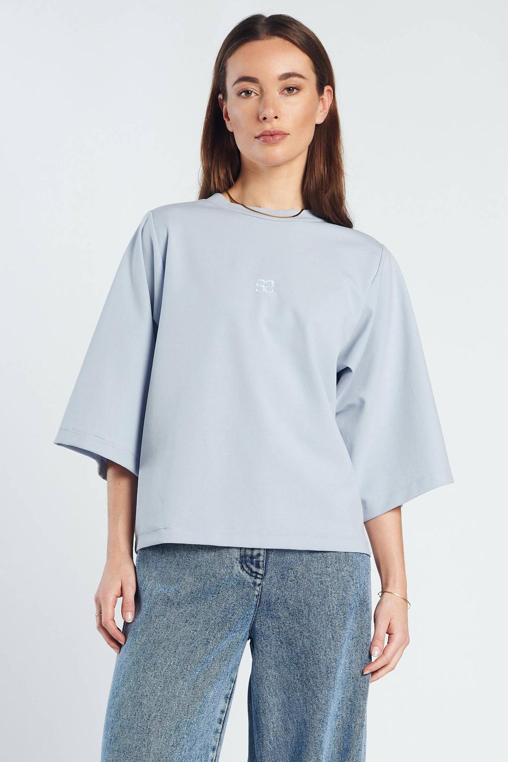 Lichtblauwe dames Spooq the label T-shirt met effen, driekwart mouwen en ronde hals