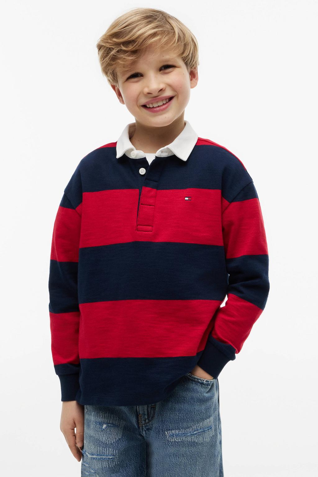 Rood en donkerblauwe jongens Tommy Hilfiger gestreepte polo van katoen met lange mouwen, knoopsluiting en geribde boorden