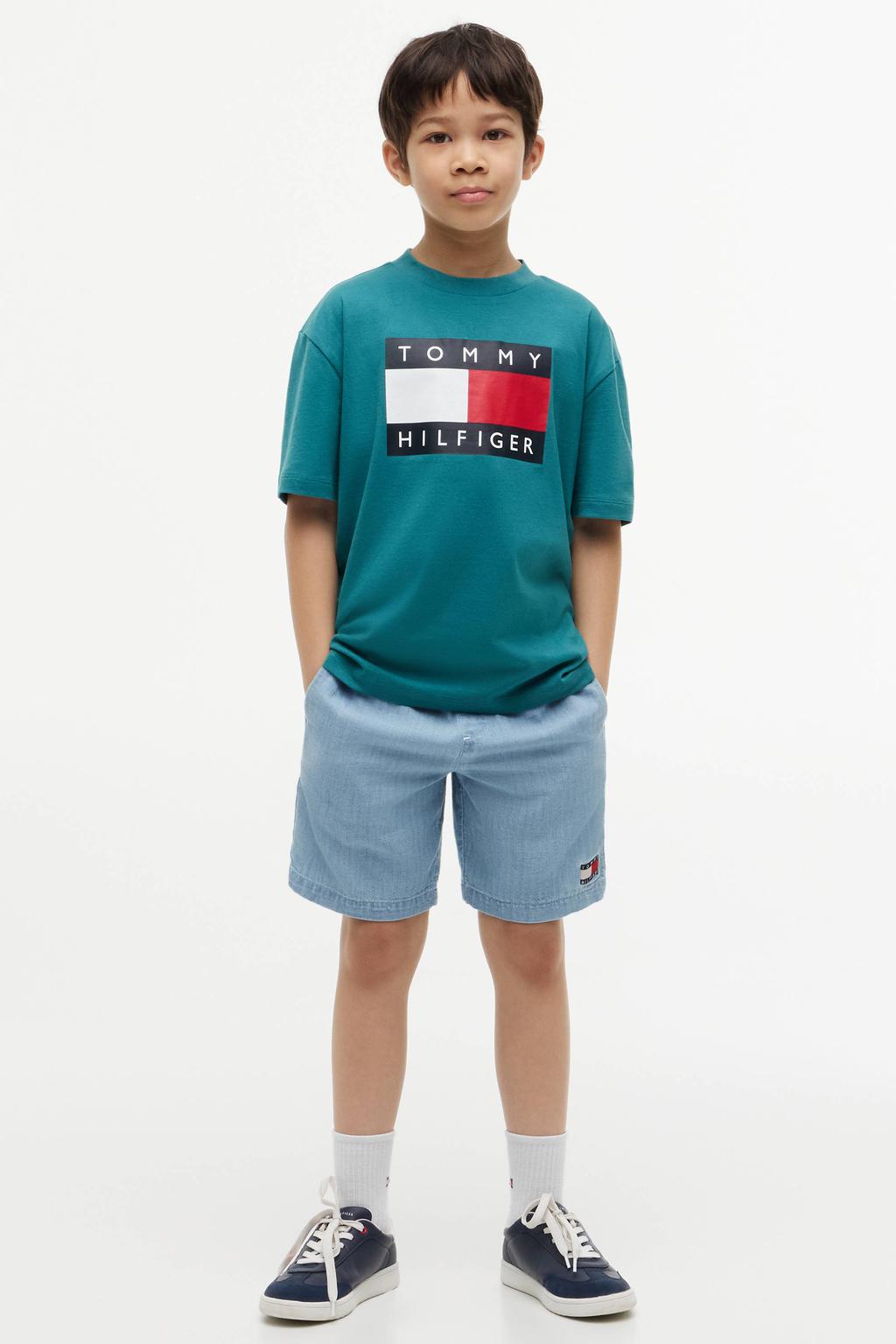 Groene jongens Tommy Hilfiger T-shirt van katoen met logo dessin, korte mouwen en ronde hals