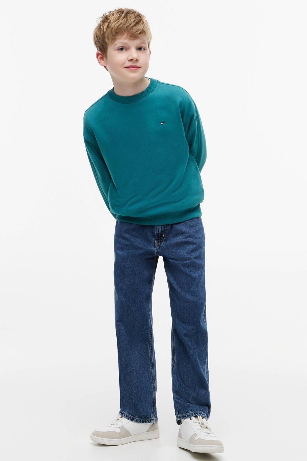 Groene jongens Tommy Hilfiger sweater met logo dessin, lange mouwen, ronde hals en geribde boorden