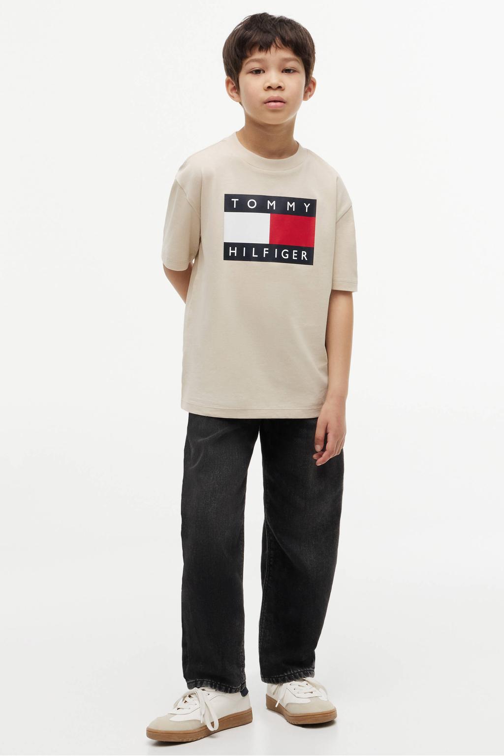 Beige jongens Tommy Hilfiger T-shirt van katoen met logo dessin, korte mouwen en ronde hals