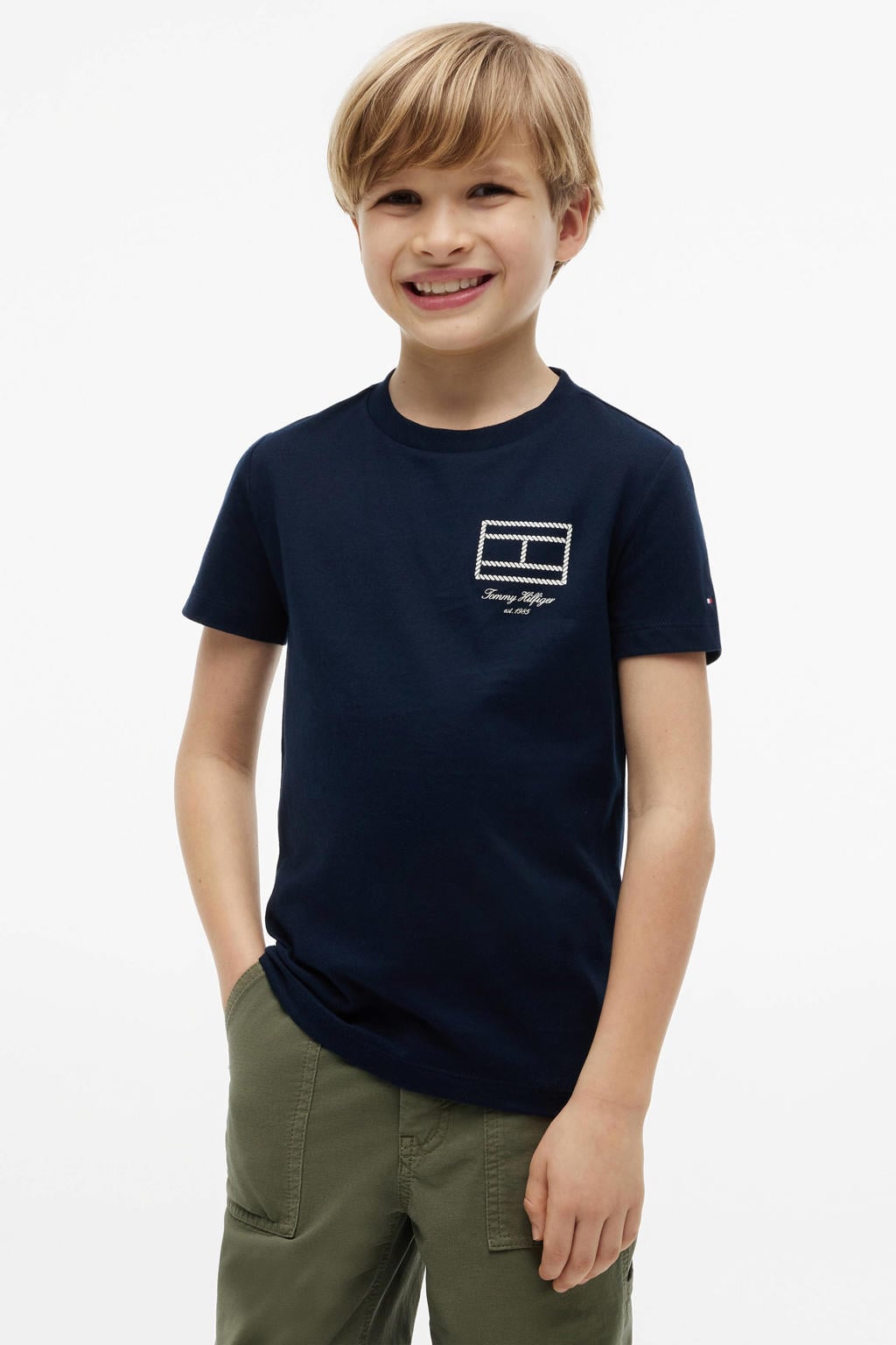 Donkerblauwe jongens Tommy Hilfiger T-shirt van katoen met printopdruk, korte mouwen en ronde hals