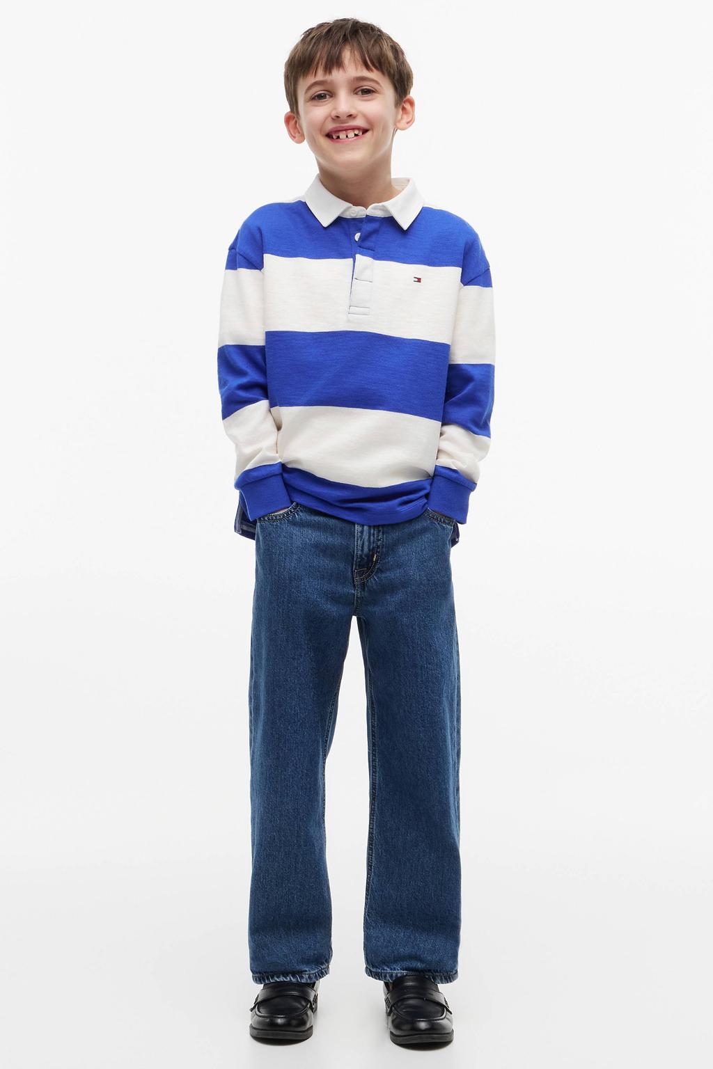 Blauw en witte jongens Tommy Hilfiger gestreepte polo van katoen met lange mouwen, knoopsluiting en geribde boorden