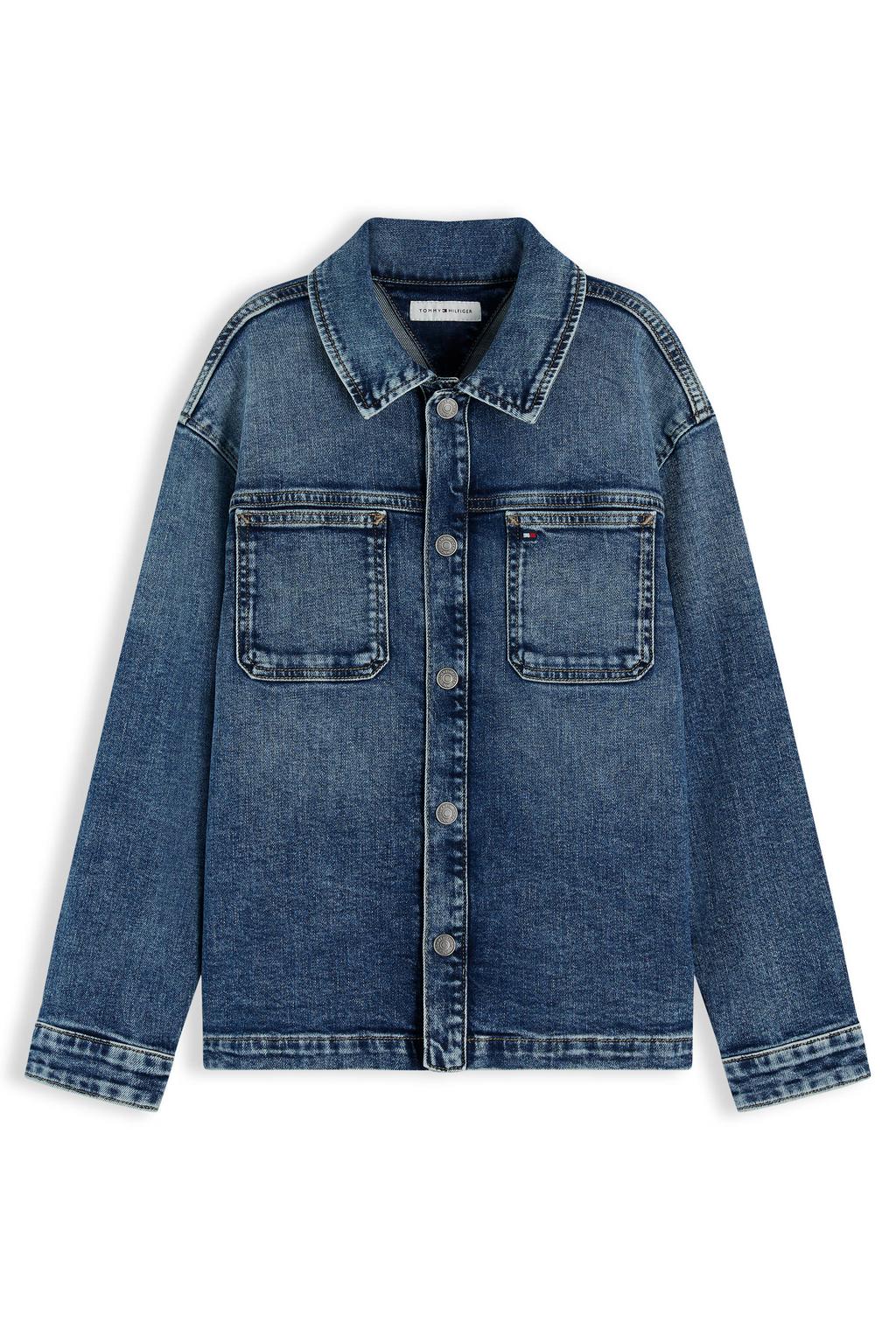 Medium blue denim jongens Tommy Hilfiger overhemd middelblauw van denim met effen, lange mouwen, klassieke kraag en drukknoopsluiting