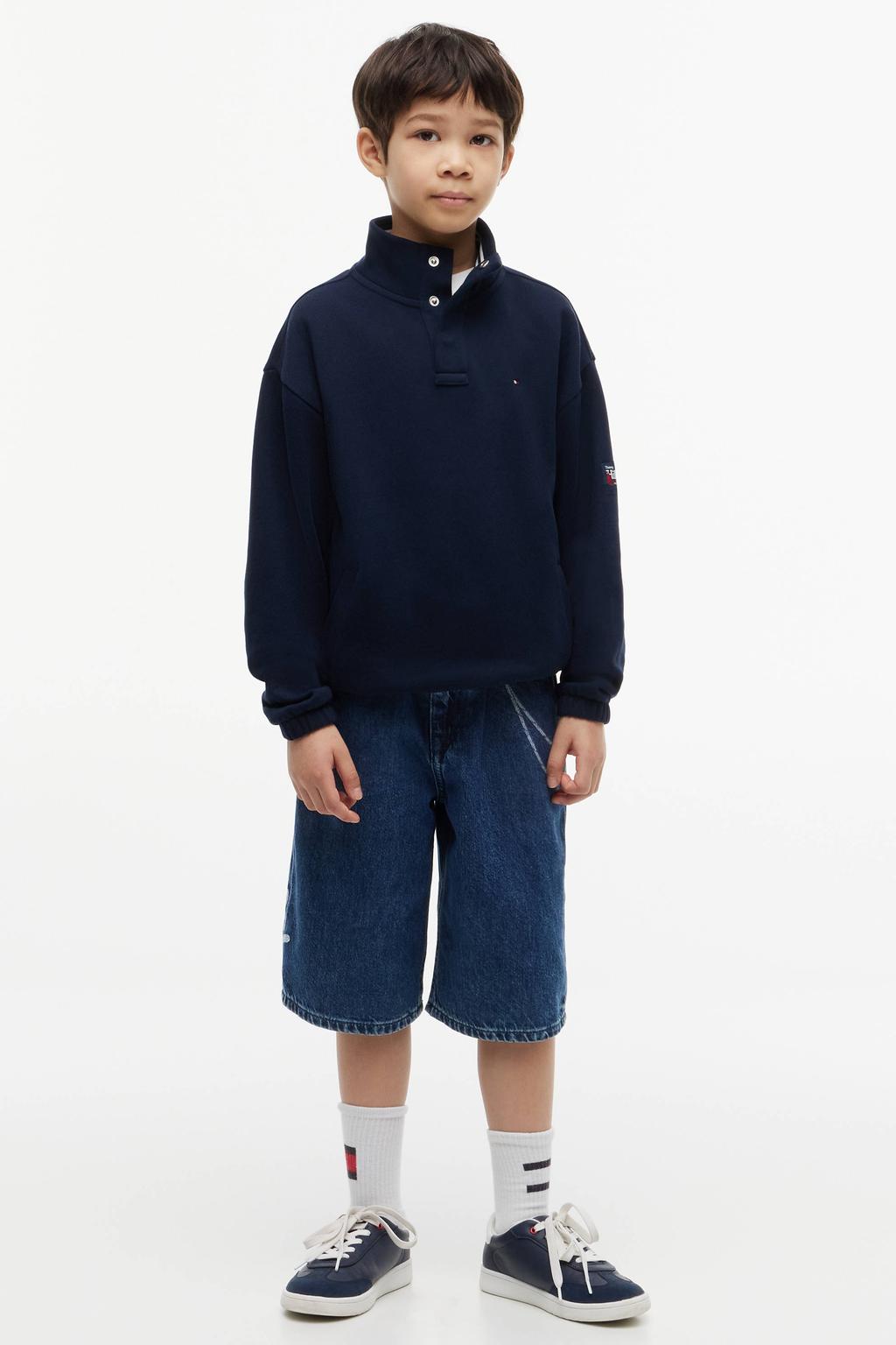 Donkerblauwe jongens Tommy Hilfiger sweater met effen, lange mouwen, opstaande kraag en drukknoopsluiting