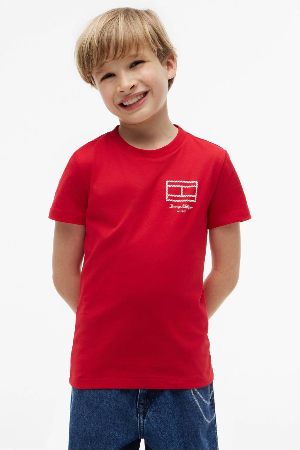 Rode jongens Tommy Hilfiger T-shirt van katoen met printopdruk, korte mouwen en ronde hals