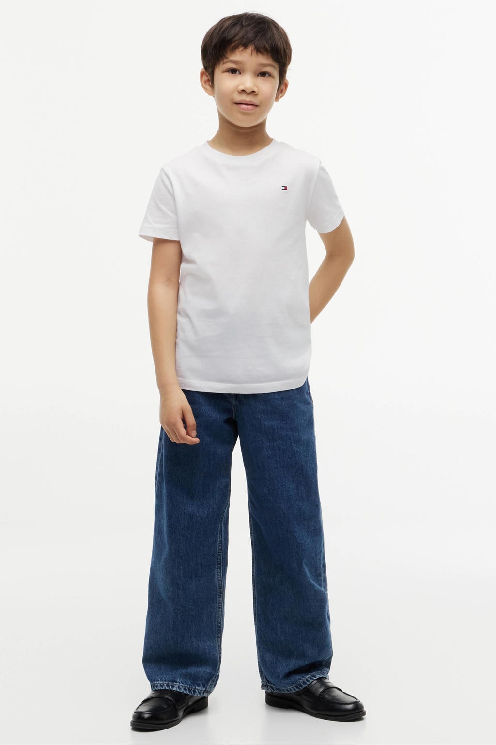 Witte jongens Tommy Hilfiger T-shirt van katoen met effen, korte mouwen en ronde hals
