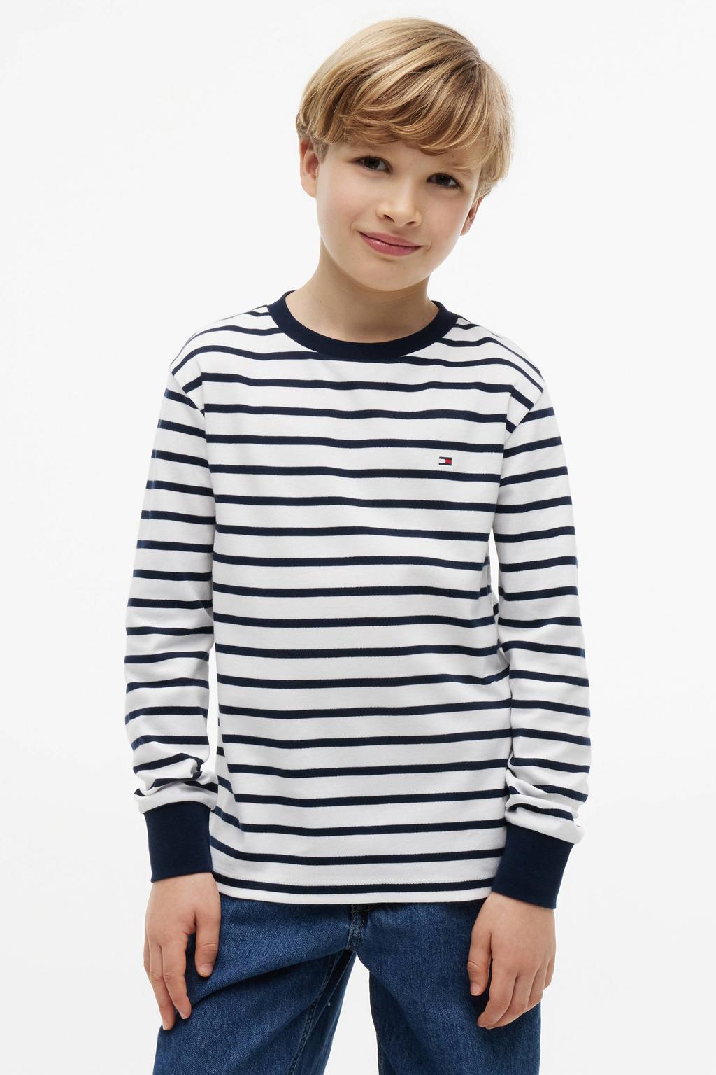 Donkerblauw en witte jongens Tommy Hilfiger gestreepte longsleeve van katoen met lange mouwen, ronde hals en geribde boorden