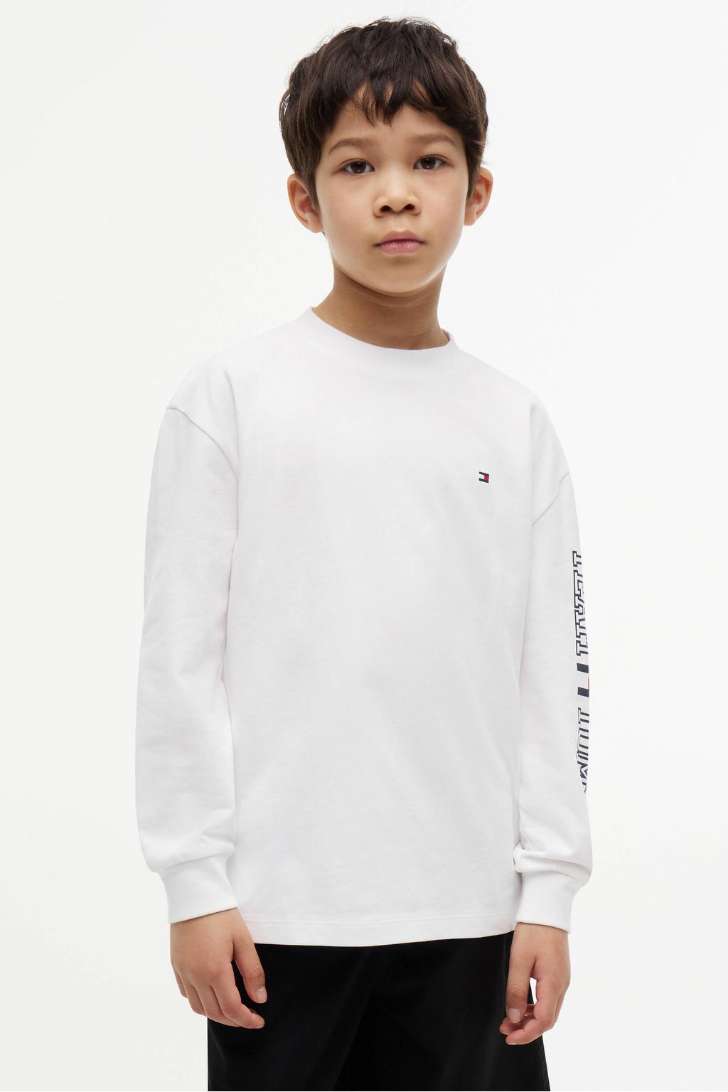 Witte jongens Tommy Hilfiger longsleeve van katoen met tekst print, lange mouwen, ronde hals en geribde boorden