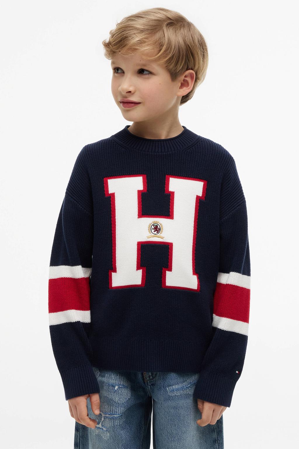 Donkerblauwe jongens Tommy Hilfiger sweater met printopdruk, lange mouwen en ronde hals