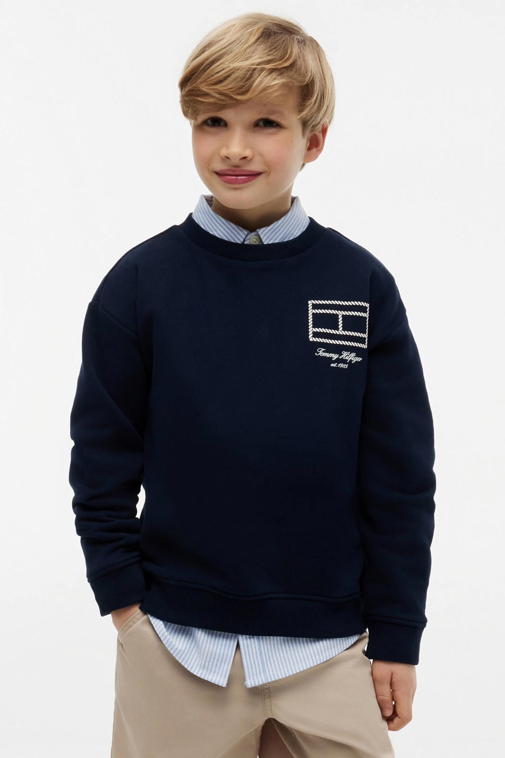 Donkerblauwe jongens Tommy Hilfiger sweat sweater met printopdruk, lange mouwen, ronde hals en geribde boorden