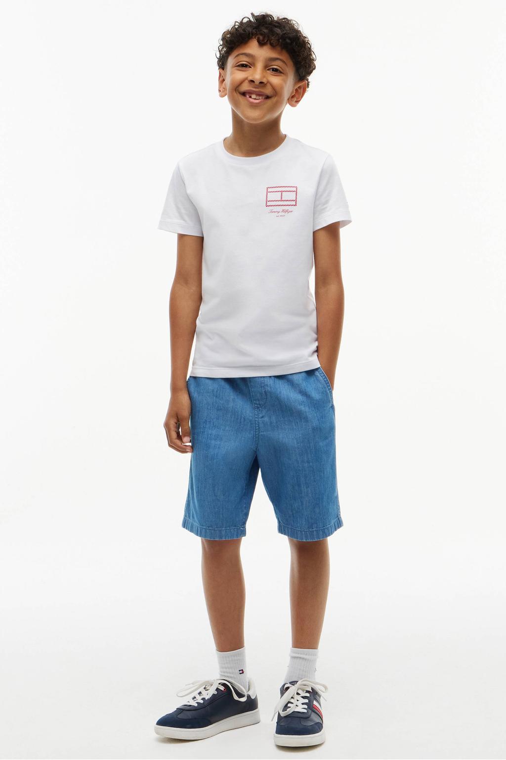 Witte jongens Tommy Hilfiger T-shirt van katoen met printopdruk, korte mouwen en ronde hals