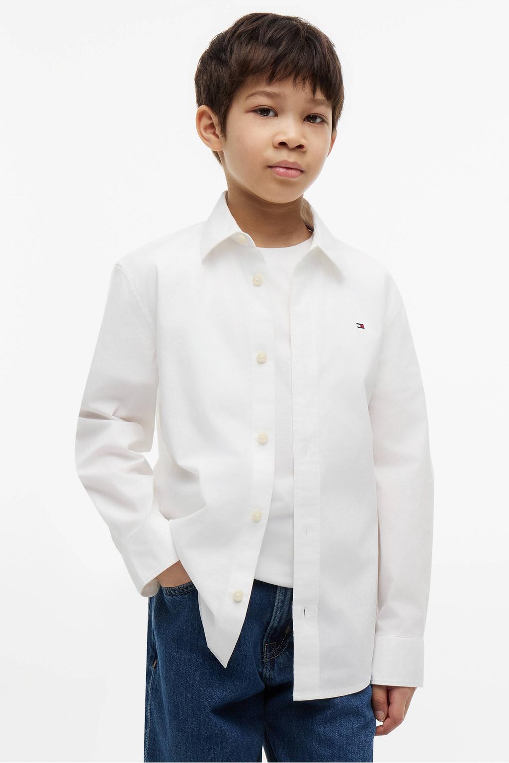 Witte jongens Tommy Hilfiger poplin overhemd van stretchkatoen met effen, lange mouwen en klassieke kraag