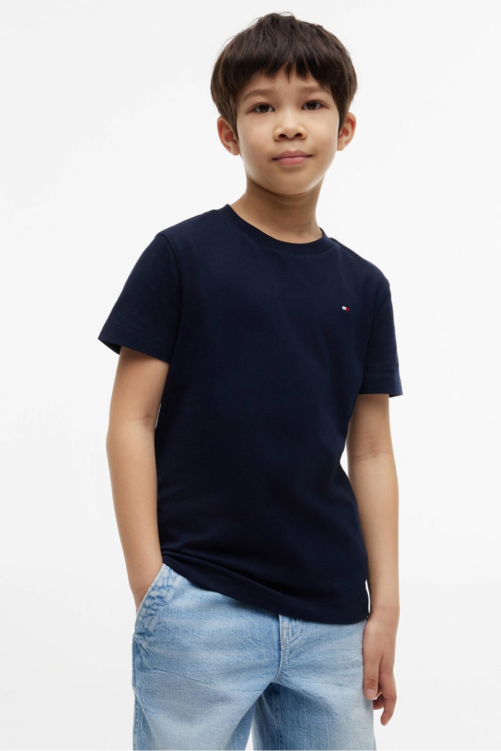 Donkerblauwe jongens Tommy Hilfiger T-shirt van katoen met effen, korte mouwen en ronde hals