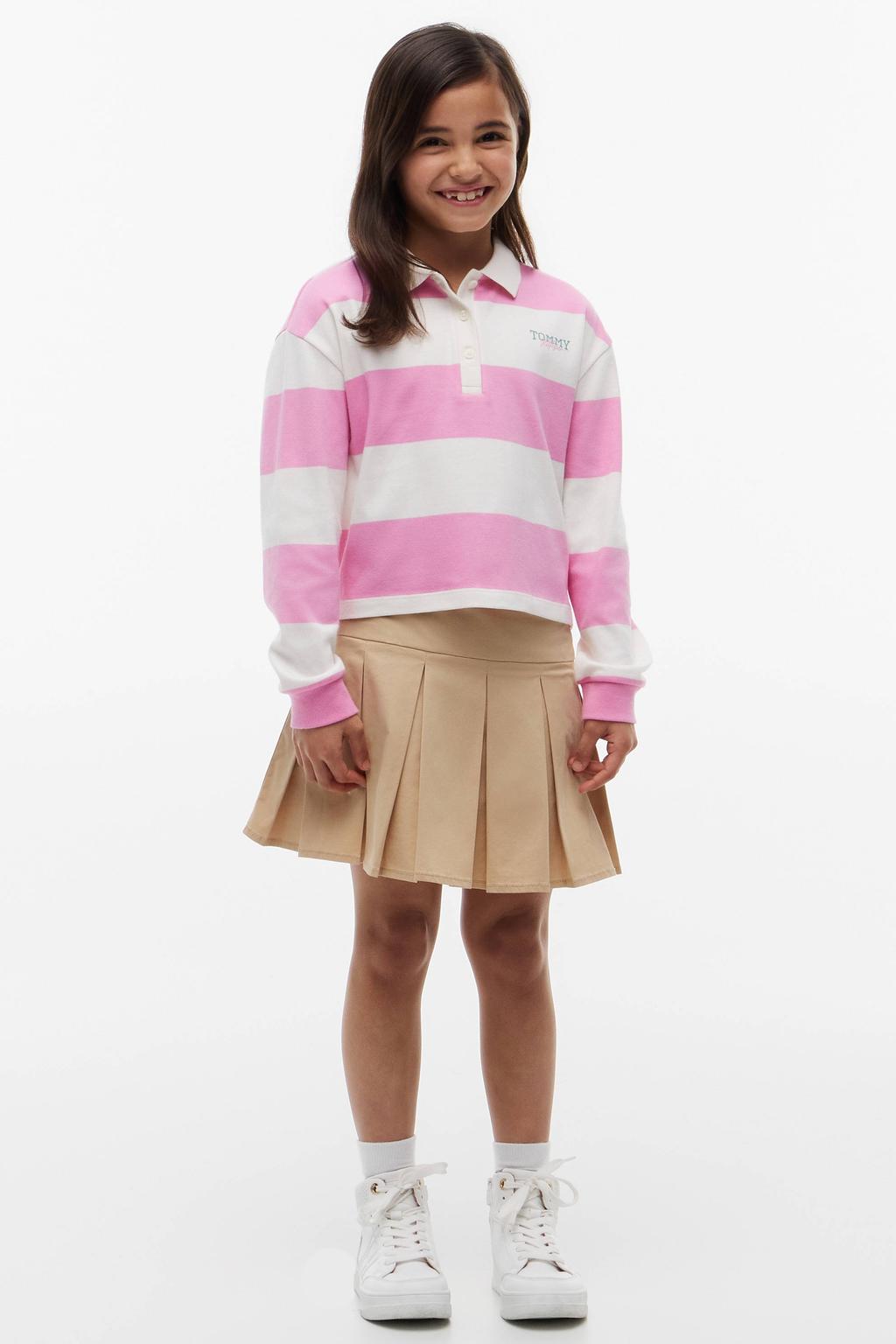 Roze en witte meisjes Tommy Hilfiger gestreepte polo van katoen met lange mouwen, knoopsluiting en geribde boorden