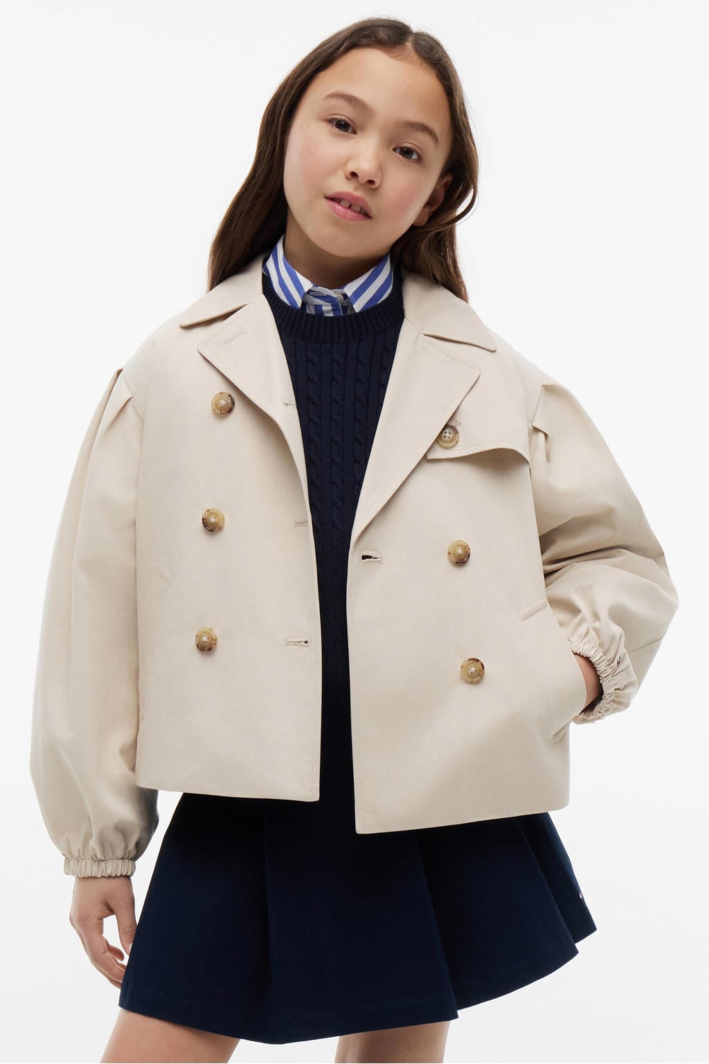Beige meisjes Tommy Hilfiger trenchcoat van katoen met effen, lange mouwen, reverskraag en knoopsluiting