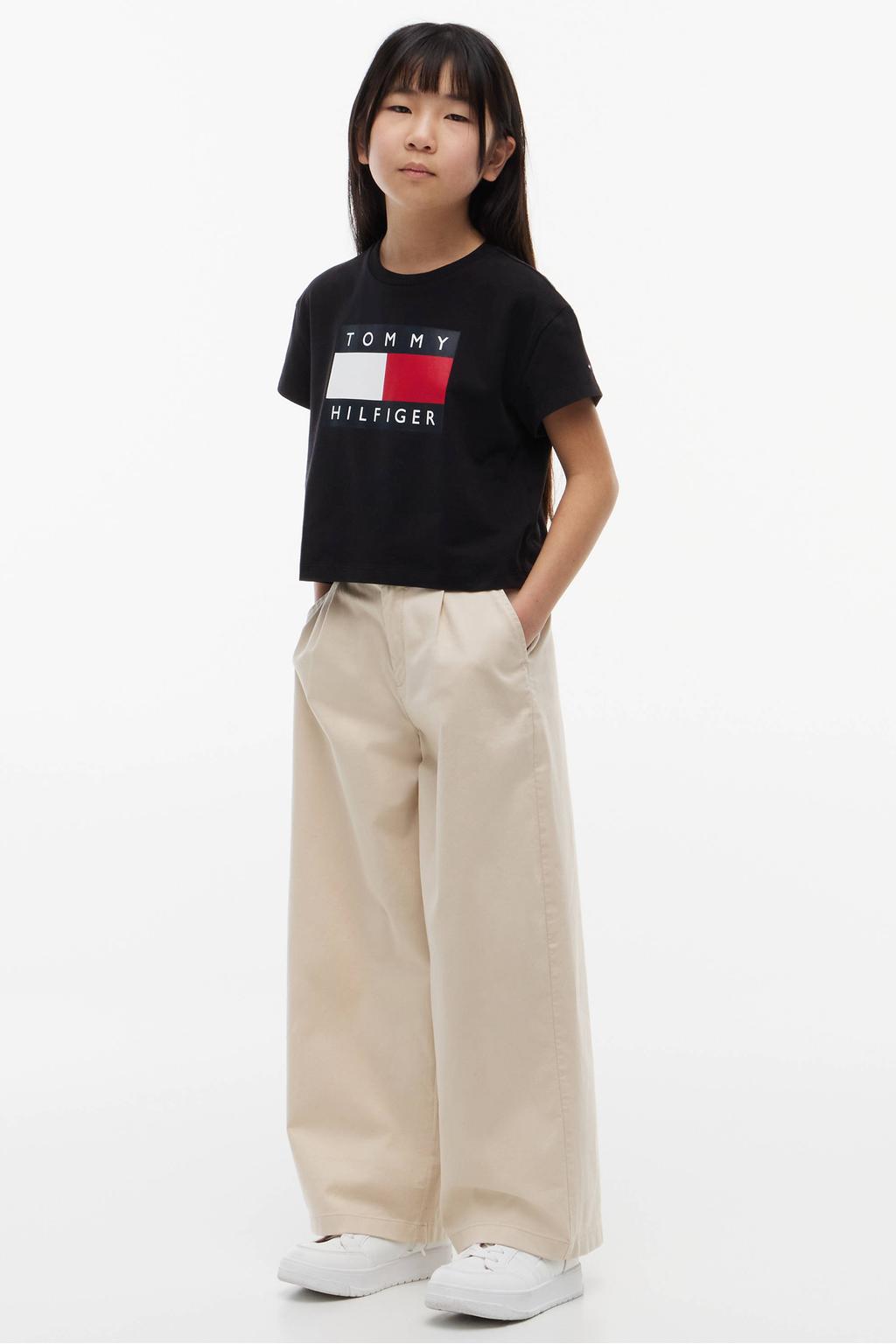 Zwarte meisjes Tommy Hilfiger T-shirt van stretchkatoen met logo dessin, korte mouwen en ronde hals