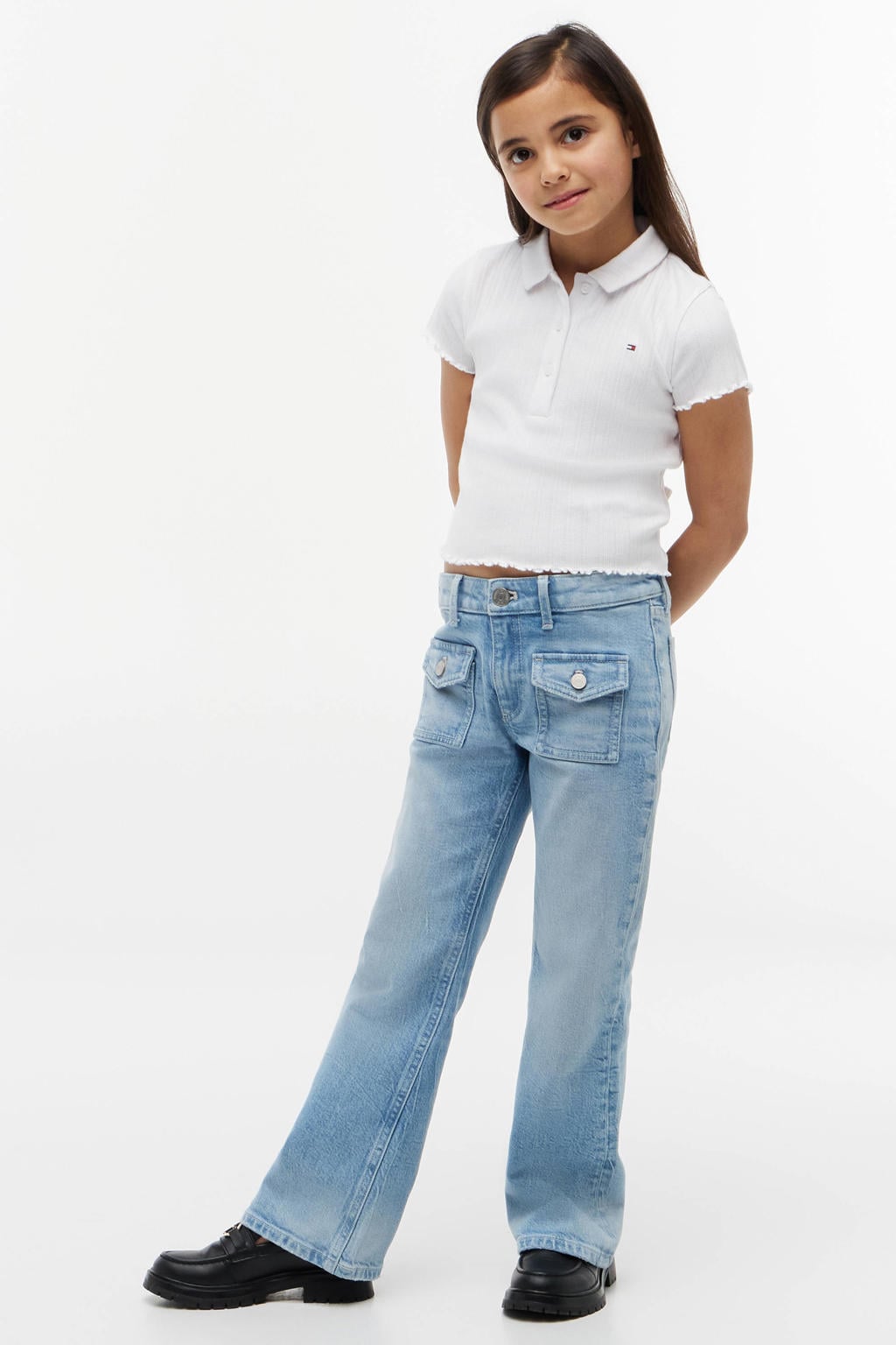 Witte meisjes Tommy Hilfiger polo afwerking van stretchkatoen met effen, korte mouwen en knoopsluiting