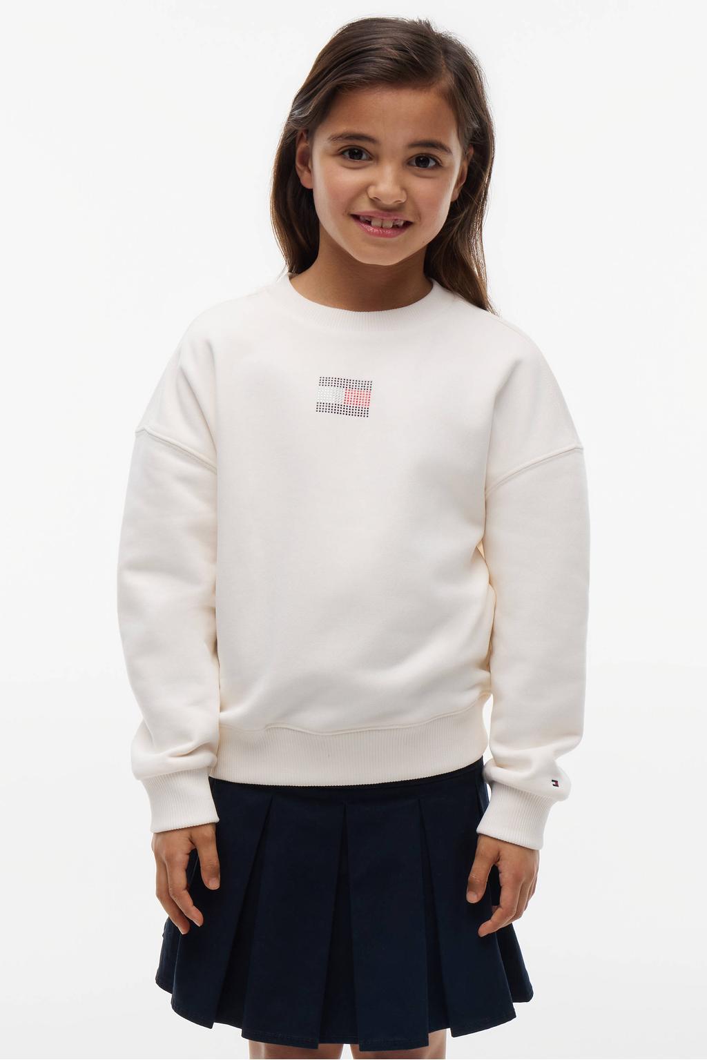 Witte meisjes Tommy Hilfiger sweater en strass-steentjes met printopdruk, lange mouwen en ronde hals