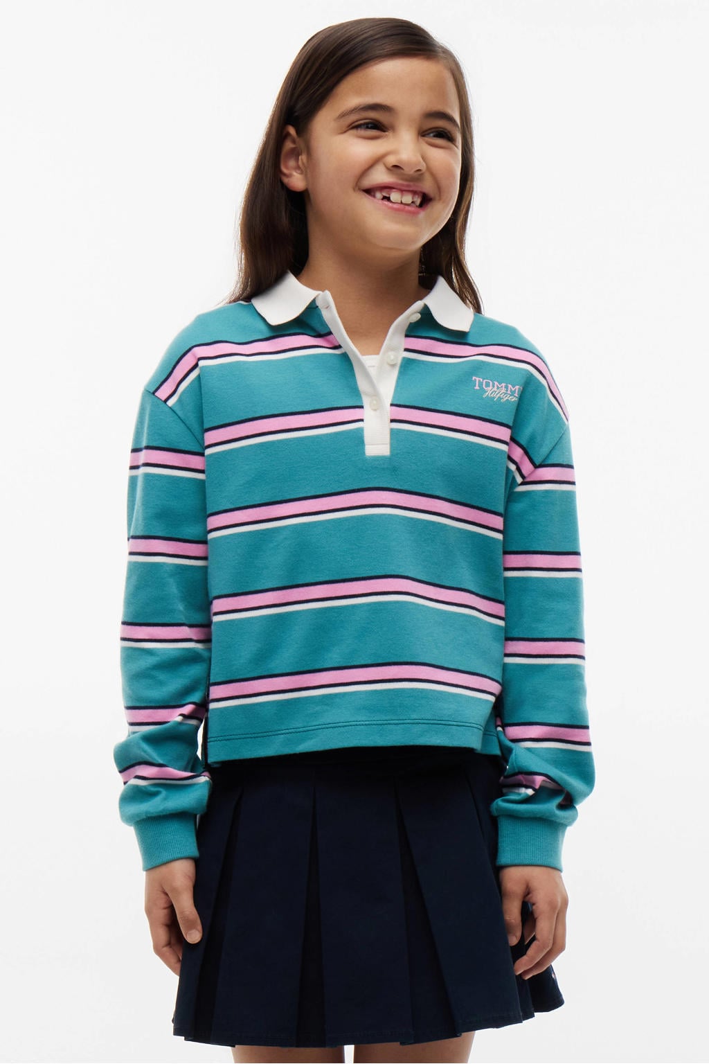 Groen, roze en witte meisjes Tommy Hilfiger gestreepte polo van katoen met lange mouwen, knoopsluiting en geribde boorden