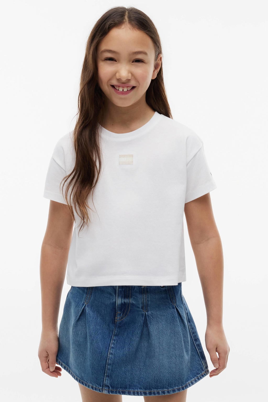 Witte meisjes Tommy Hilfiger T-shirt van katoen met effen, korte mouwen en ronde hals