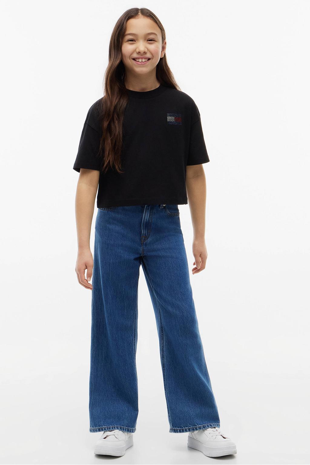 Zwarte meisjes Tommy Hilfiger T-shirt van katoen met backprint, korte mouwen en ronde hals