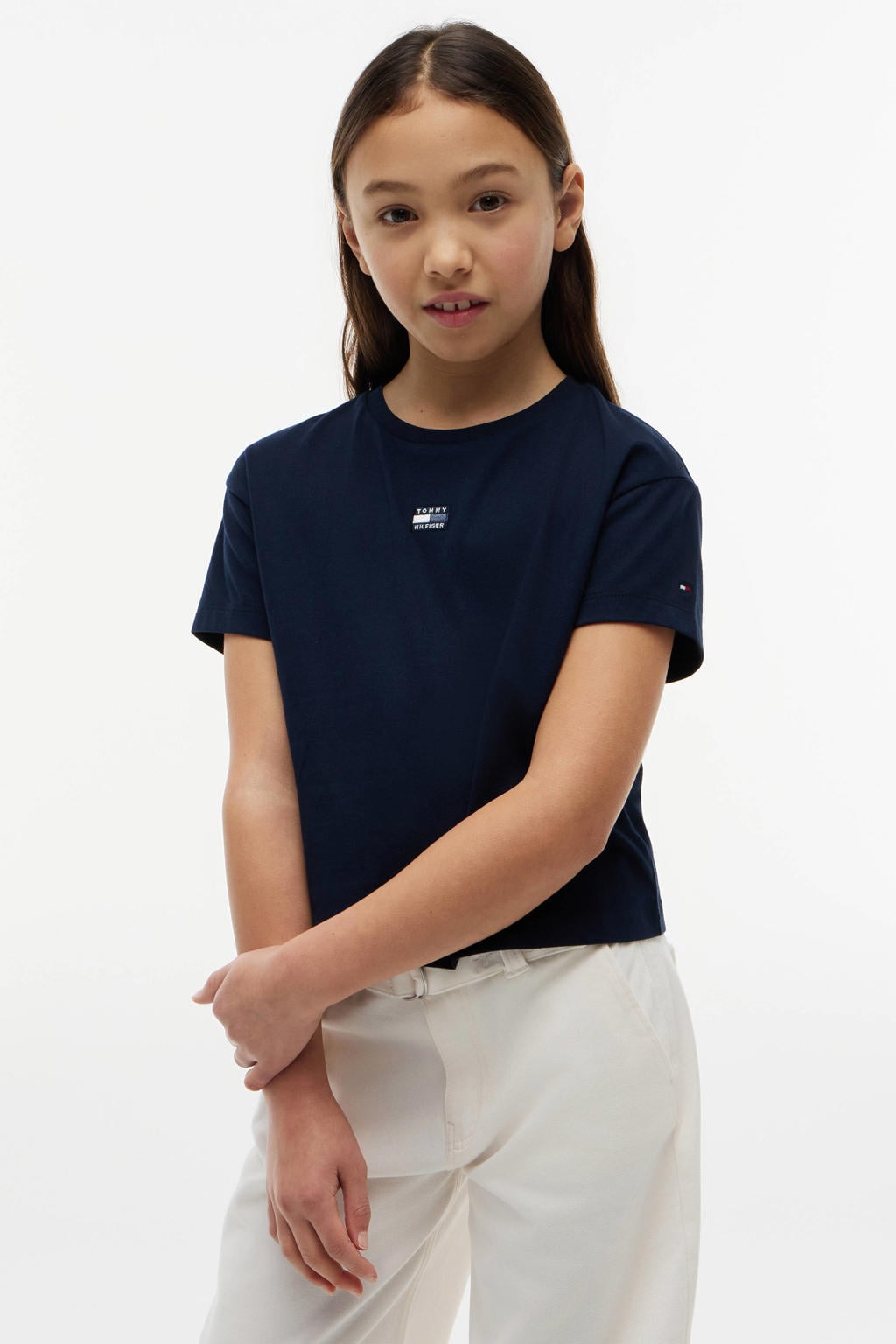 Donkerblauwe meisjes Tommy Hilfiger T-shirt van katoen met effen, korte mouwen en ronde hals