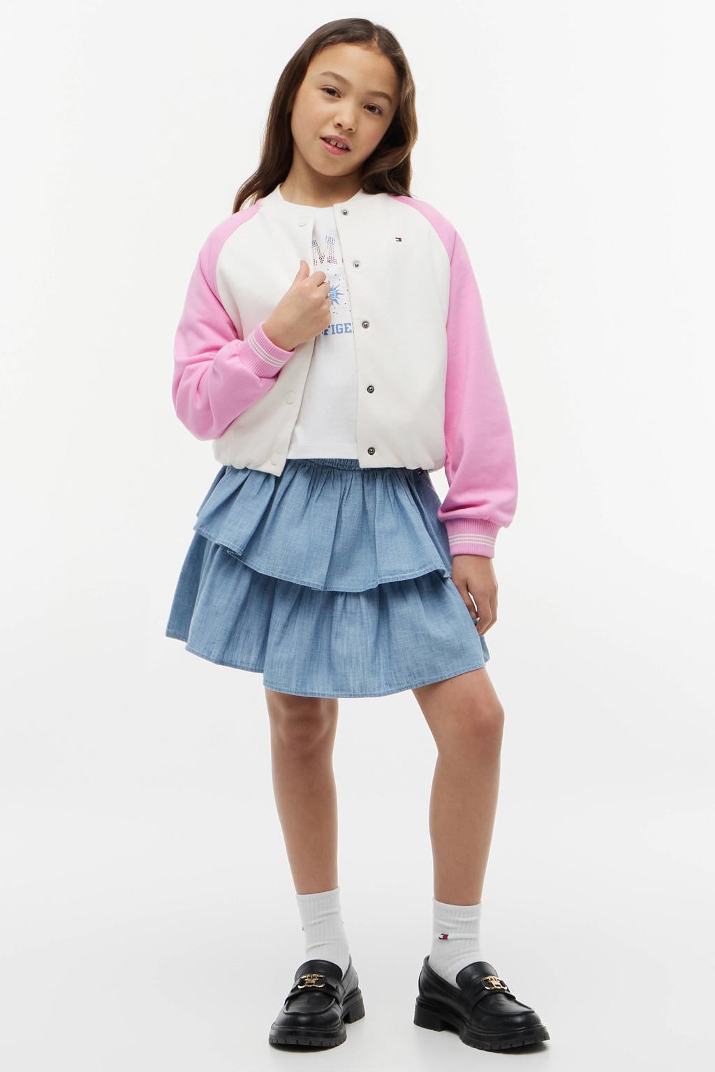 Roze en lichtroze meisjes Tommy Hilfiger bomberjack boord en van sweat materiaal met backprint, lange mouwen, ronde hals en drukknoopsluiting